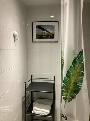 a bathroom with a towel rack and a shower curtain at Casa Gracia con Jardín in Barcelona