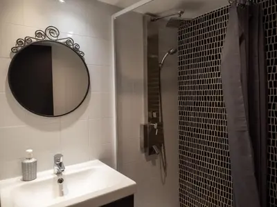 a bathroom with a sink and a mirror and a shower at Casa Gracia con Jardín in Barcelona