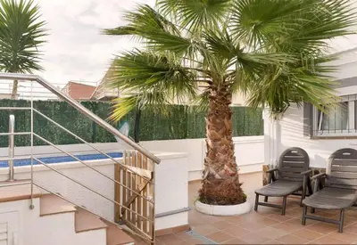 a palm tree on a balcony with two chairs at Cozy Apartment Rocamar in Sant Pere de Ribes