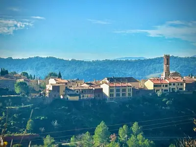 a group of buildings on a hill with mountains in the background at Casa Añeja in Collbató