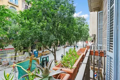 a view of a street with plants on a balcony at Quiet, vibrant 2 bedroom in pedestrian Eixample in Barcelona
