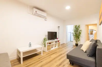 a living room with a couch and a tv at Apartamento 3 hab Fira de Bcn a 20 minutos de Bcn Centro in Hospitalet de Llobregat
