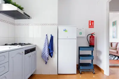 a kitchen with a white refrigerator and a stove at Casa Feliz del Mar in San Pol de Mar
