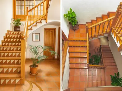 two pictures of a staircase in a house with plants at Masia Can Cenç in Collsuspina