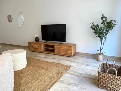 a living room with a flat screen tv on a wooden entertainment center at Boutique Temporada VG Barcelona Sant Gervasi in Barcelona