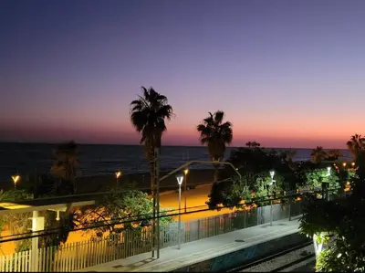 a view of the ocean at night with palm trees at Casa con vistas al mar y jardín in Canet de Mar