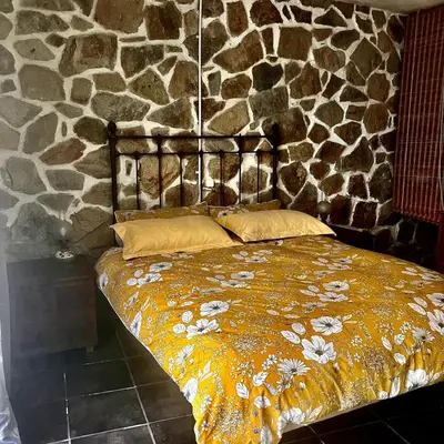 a bed in a room with a stone wall at Estudio limonero en Sant Cebriá de Vallalta 20' playa in Sant Cebrià de Vallalta