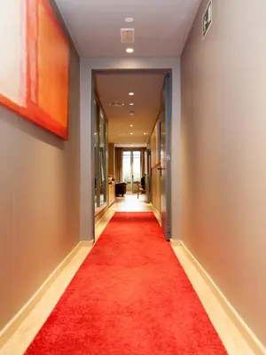 a corridor with a red carpet in a hallway at Hotel Àmbit Barcelona in Barcelona