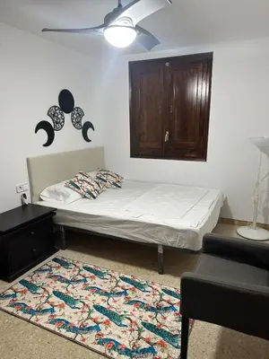 a bedroom with a bed and a cabinet and a rug at Vallromanes House of Peace and Rest in Vallromanas