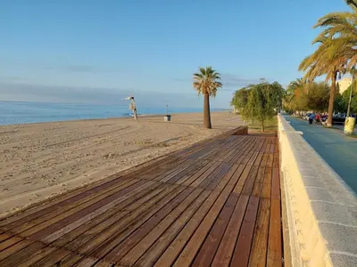 a boardwalk on a beach with palm trees and the ocean at Oasis cerca de Barcelona in Sant Vicenç de Montalt