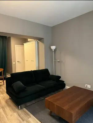 a living room with a black couch and a coffee table at studio Espania in Hospitalet de Llobregat
