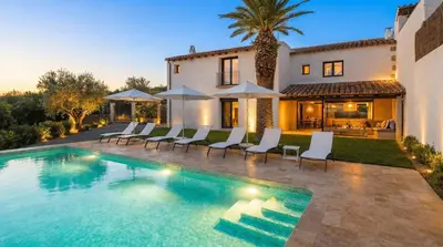a pool with chairs and umbrellas in front of a house at Masia La Morera autenticidad renovada 100 porcien a 10 minutos de Sitges en coche 12 huespedes Piscina Aire Aconc 6 Suites Apertura 15 Julio 2025 in Viladellops