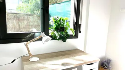 a desk with a lamp and a plant in a window at Apartamento independiente con jardín in Terrassa