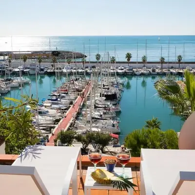 Stunning sea views over marina with swimming pool