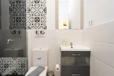 a bathroom with a toilet and a sink and a mirror at EXT Studio todo equipado, 15' de BCN centro 8' playa in Sant Adria de Besos