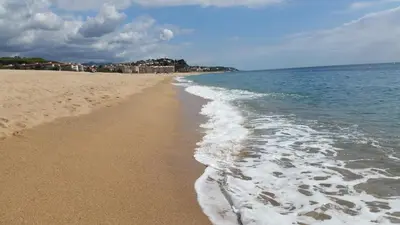 a sandy beach with footprints in the sand and the ocean at Hotel Vella Nit in Canet de Mar