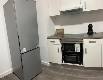 a kitchen with a refrigerator and a microwave at Barcelona's Gem in Barcelona