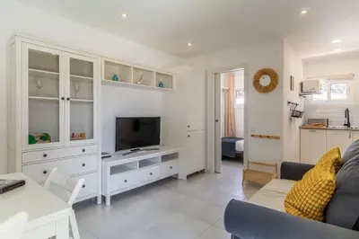 a living room with a couch and a tv at Canela Homes COSTA PALMERES in Castelldefels