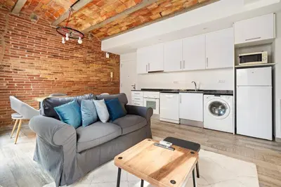a living room with a couch and a brick wall at Sants Apartment in Barcelona
