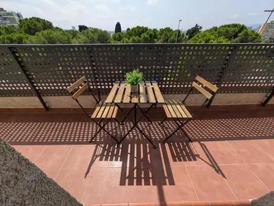 a picnic table with a potted plant sitting on it at Apartament Hotel - El Barco in Hospitalet de Llobregat