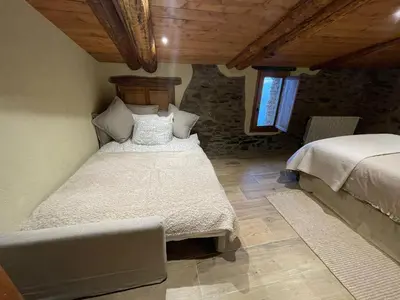 a bedroom with two beds in a room with wooden ceilings at Roca negra Montseny in Fogars de Montclus