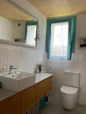 a bathroom with a sink and a toilet and a mirror at Independent duplex in a stately villa in Sant Cugat del Vallès