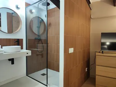 a bathroom with a glass shower and a sink at Mazi Plaça Gran in Mataró