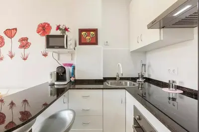 a kitchen with white cabinets and a sink at La Cantonada in Sant Pere de Ribes