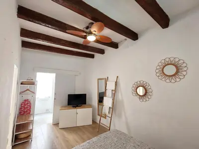 a living room with a ceiling fan and a tv at Elegant apartment Sagrada Familia in Barcelona