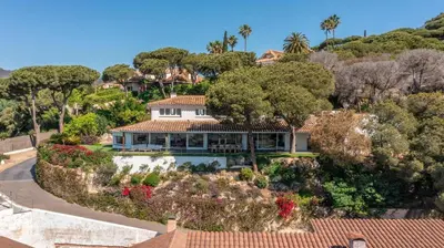 an aerial view of a house with a garden at Casanova, villa with Barcelona's skyline in Cabrils