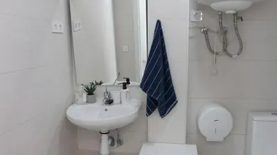 a white bathroom with a toilet and a shower at Entire apartment, accessible ground floor in Hospitalet de Llobregat