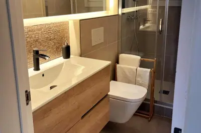 a bathroom with a sink and a toilet and a shower at Sunny & remodeled Apartment in Sant Boi del Llobregat