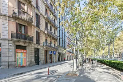 an empty city street with trees and buildings at Click&Flat Gran Via Barcelona in Barcelona