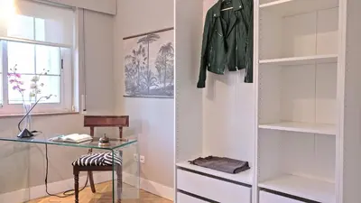 a dressing room with a desk and a glass table at Gatsby - 3BR Luxury high floor Terrace by Lilla in Barcelona