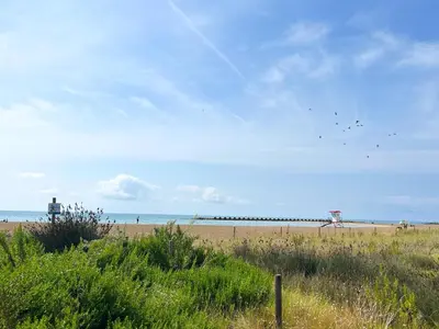 a beach with birds flying in the sky and the ocean at Apartment Sunset in Cunit