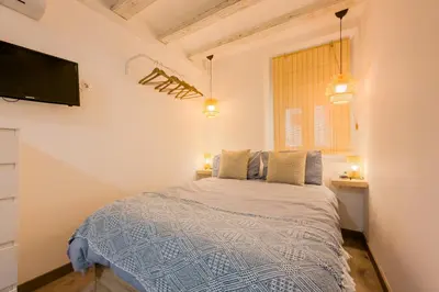 a bedroom with a bed and a tv on the wall at Acogedor y céntrico Estudio 1 in Barcelona