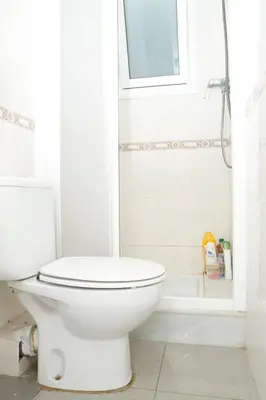 a white bathroom with a toilet and a shower at 3rooms, 10 minAirport, free parking, public transp in Cornellà de Llobregat