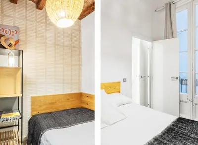 two images of a bedroom with two beds at Brummell Apartments Eixample Derecha/Ballroom in Barcelona