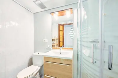 a bathroom with a toilet and a sink and a shower at Apartamento en Caldes d'Estrac in Caldes d'Estrac