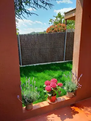 a garden with potted plants on a window sill at Lovely little house with garden in Sant Vicenç de Montalt