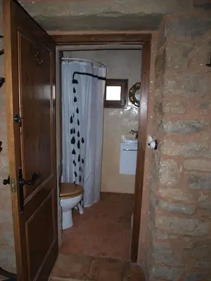 a bathroom with a toilet and a shower curtain at Music room in Montserrat in Castellbell i Vilar