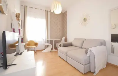 a living room with a couch and a tv at Modern and Elegant Barcelona Apartment in Barcelona
