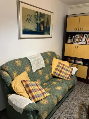 a living room with a green couch with pillows at Casa EMILIO in Olesa de Montserrat