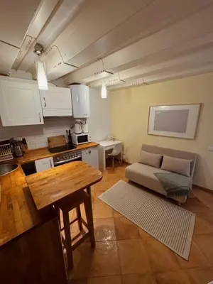 a kitchen and living room with a couch and a table at Apartment in Ciutat Vella Born in Barcelona