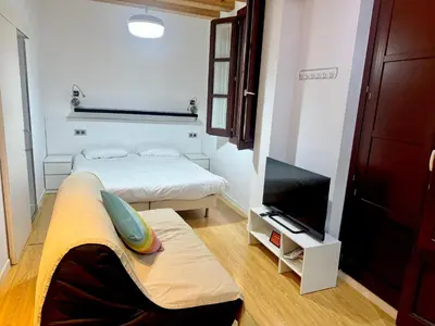 a small room with two beds and a television at barceloneta street apartment 1 in Barcelona