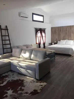 a living room with a couch and a bed at HOTEL RESTAURANT TURÓ de la TORRE in Manresa