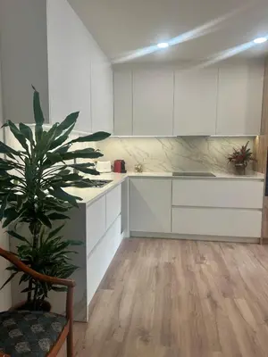 a kitchen with white cabinets and a potted plant at Villa Montjuic Apartments in Barcelona