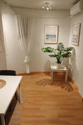 a living room with a table and a potted plant at Affordable apartament & rooms in city center in Barcelona