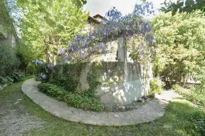 a garden with purple flowers on a wall at Torre d'en Malla in Martorell