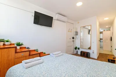 a bedroom with a large bed with a tv on the wall at Downtown penthouse with views of Barcelona in Barcelona